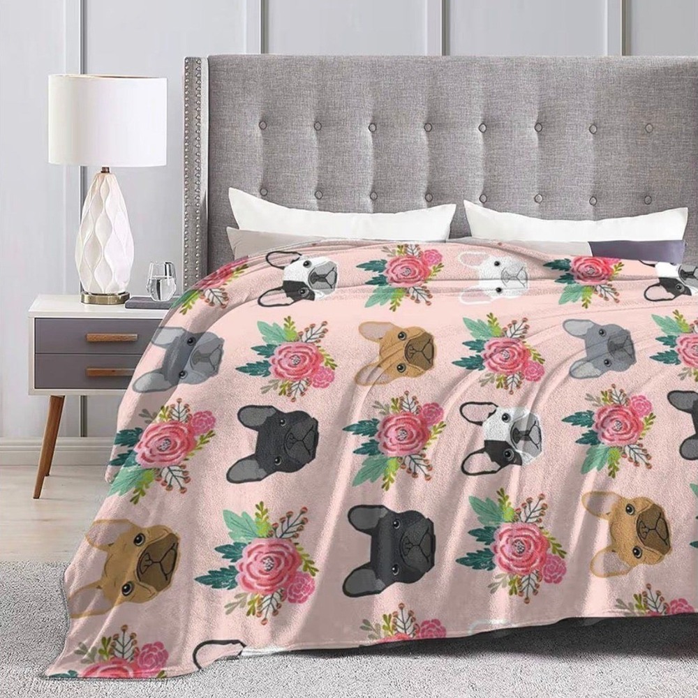 French Bulldog Pink Fleece Blanket 50x40 – Floral Dog Throw – Like New - Picture 3 of 5